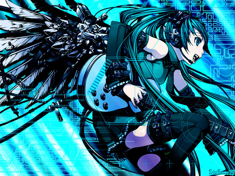 Anime Character with Guitar — Blue