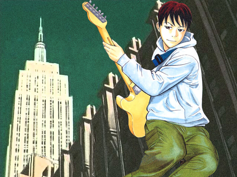 Anime character with guitar in city