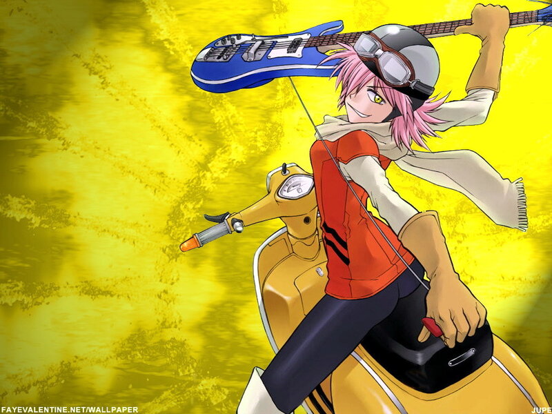 anime character with guitar on scooter