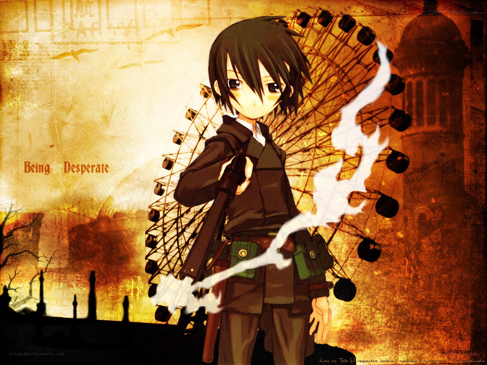 anime character with gun and fire
