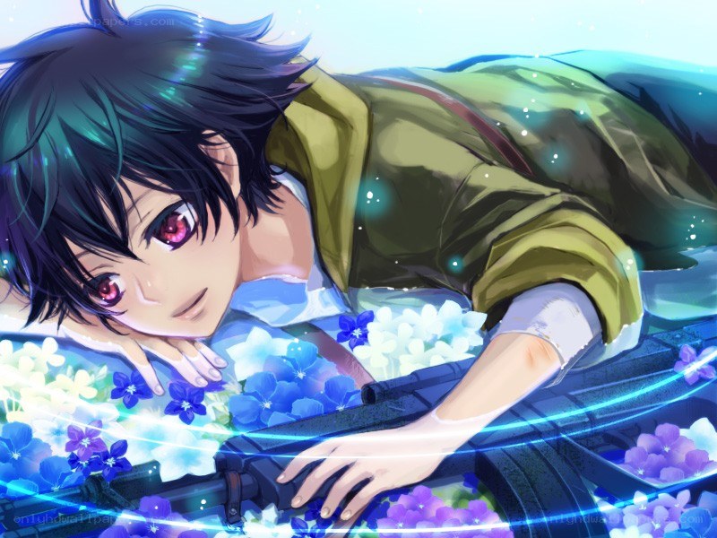Anime character with gun and flowers