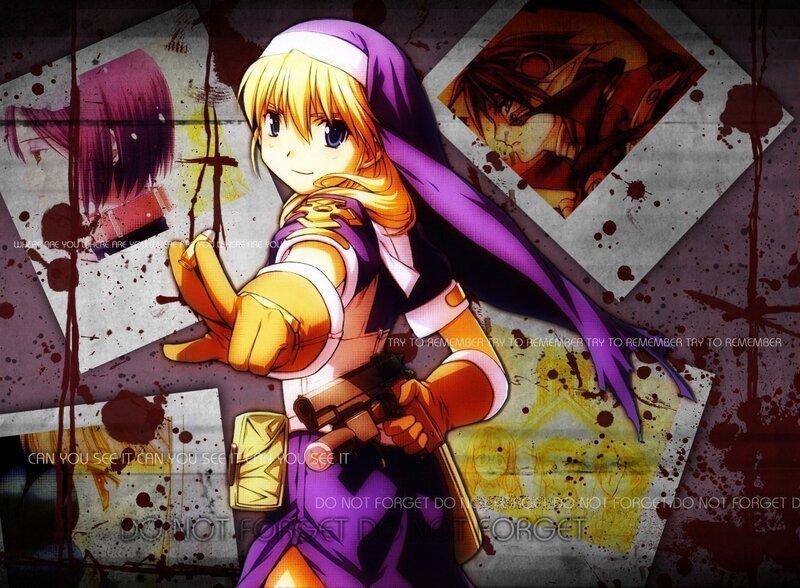 Anime character with gun and purple cloak