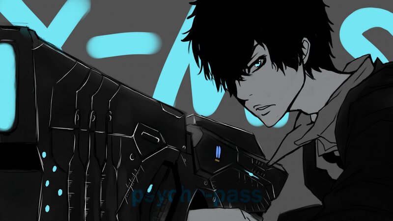Anime Character with Gun — Black, Dramatic, Digital Art, Blue Lights, Text