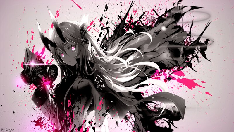 Anime Character with Gun — Black, Dramatic, Digital Art, Splatter