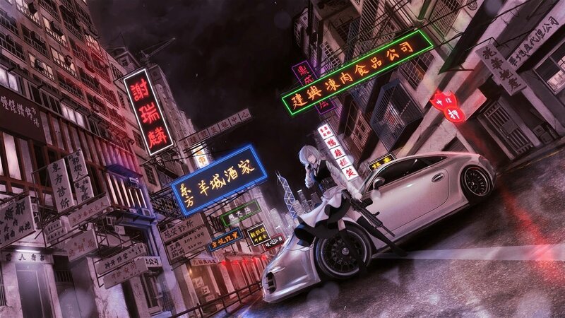 Anime Character with Gun — Black, Dramatic, Night, Digital Art, Car