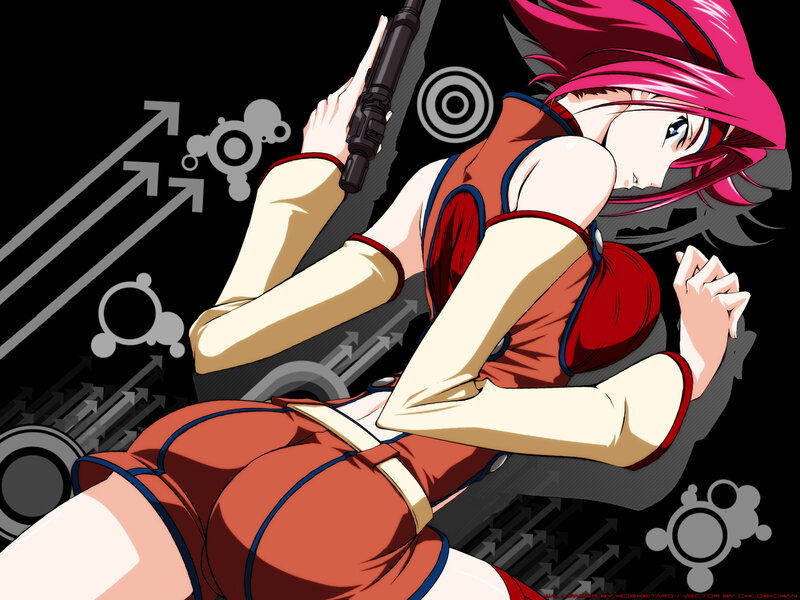Anime Character with Gun — Black, Dramatic, Pink Hair