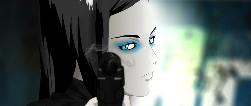 Anime Character with Gun — Black, Dramatic, Smoke