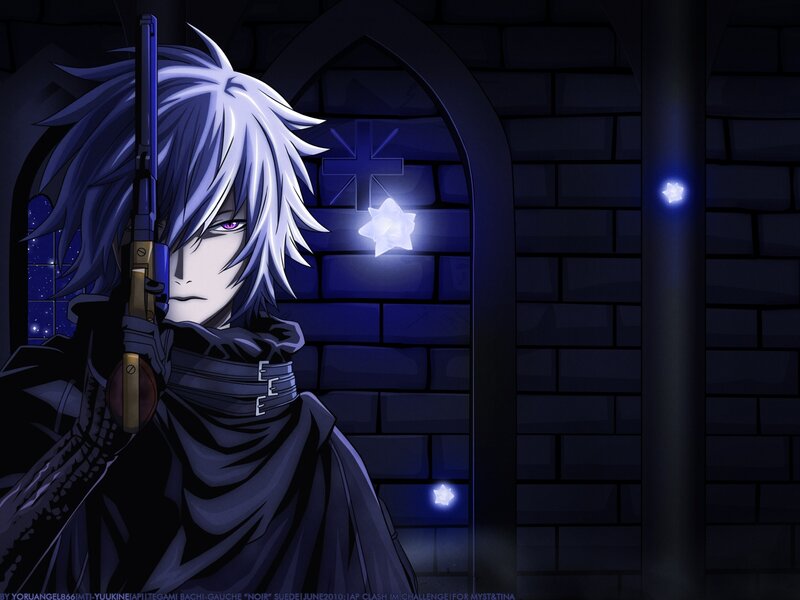 Anime Character with Gun — Blue, Dark, Dramatic