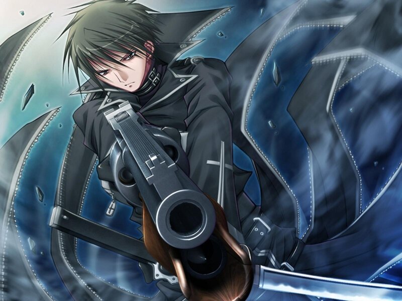 Anime Character with Gun — Blue, Dramatic, Manga