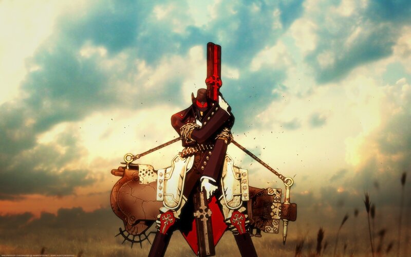 Anime Character with Gun — Blue, Dramatic, Sunset