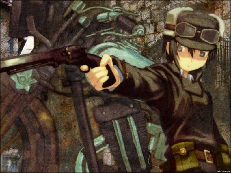 Anime Character with Gun — Brown, Dramatic, Goggles