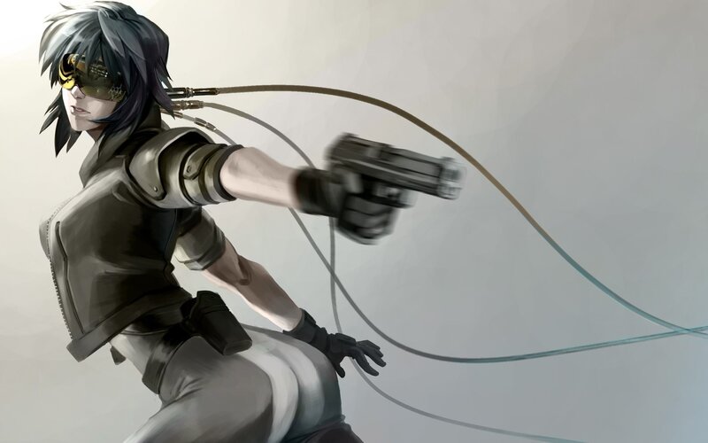 Anime Character with Gun — Gray, Dramatic, Digital Art, Goggles, Cables, Black