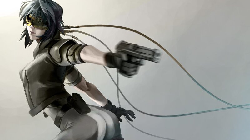 Anime Character with Gun — Gray, Dramatic, Digital Art, Goggles, Cables, Black, White