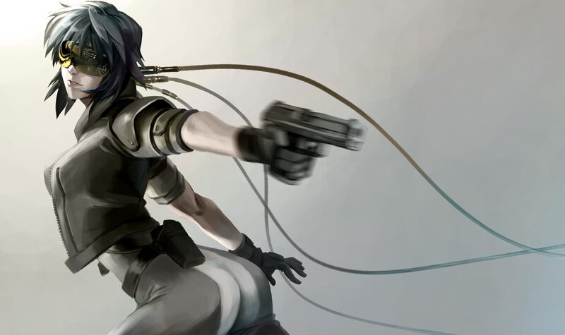 Anime Character with Gun — Gray, Dramatic, Digital Art, Goggles, Cables
