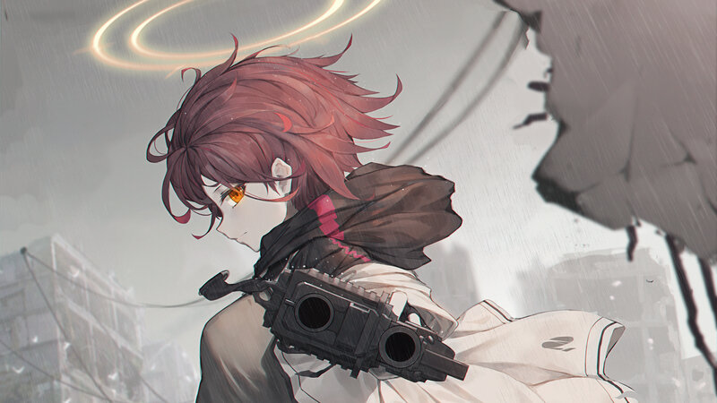 Anime Character with Gun — Gray, Dramatic, Digital Art, Rain