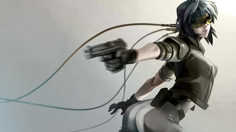 Anime Character with Gun — Gray, Dramatic, Digital Art