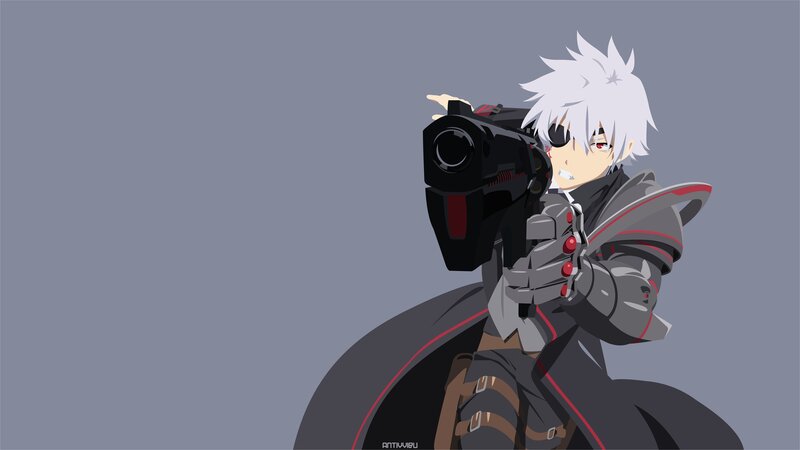 Anime Character with Gun — Gray, Dramatic, Eye Patch