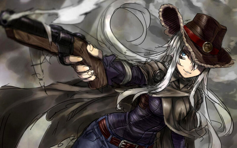 Anime Character with Gun — Gray, Dramatic, Manga, Hat
