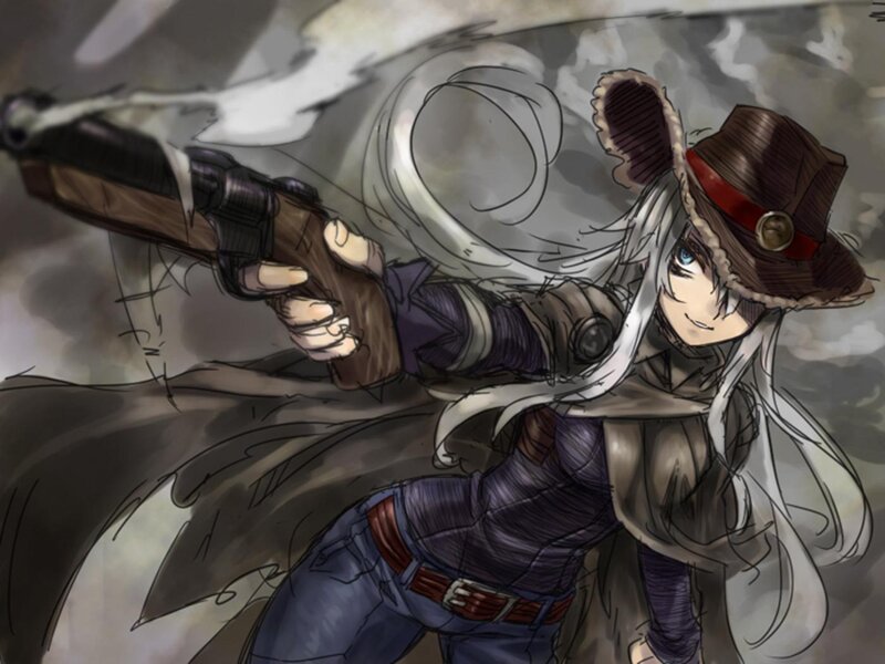 Anime Character with Gun — Gray, Dramatic, Manga