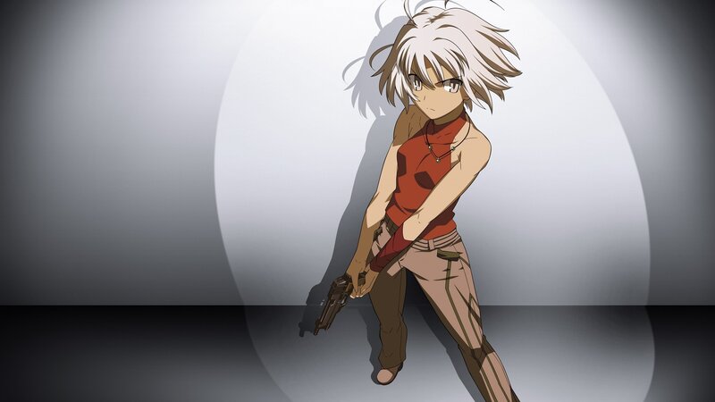Anime Character with Gun — Gray, Dramatic, Red Top