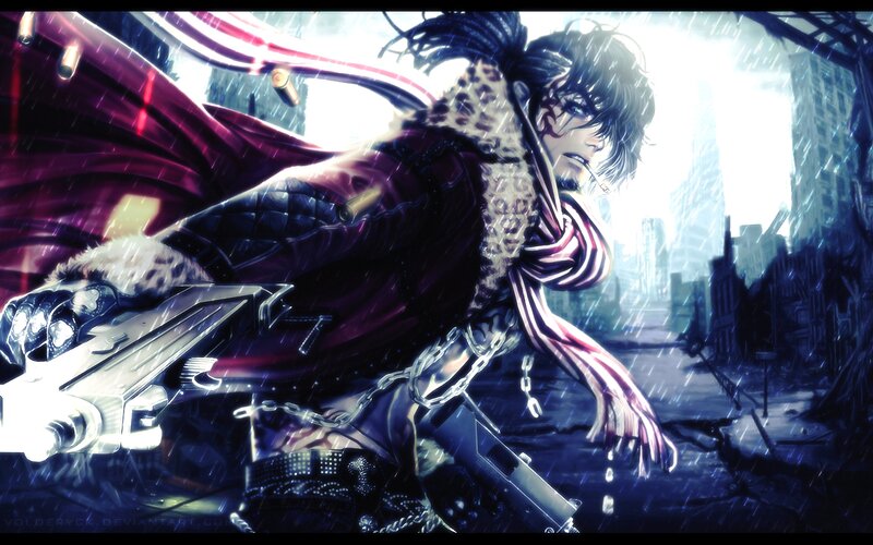 Anime Character with Gun — Purple, Dramatic, Night, Digital Art