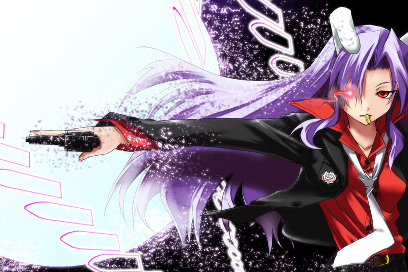 Anime Character with Gun — Purple, Dramatic, Purple Hair, Red Eyes