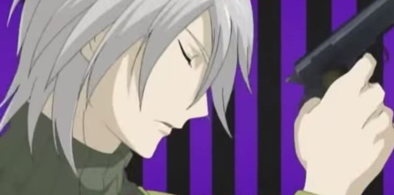 Anime Character with Gun — Purple, Dramatic, Silver Hair