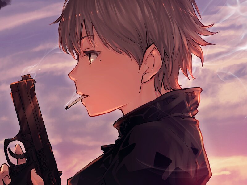 Anime Character with Gun — Purple, Dramatic, Sunset, Cigarette