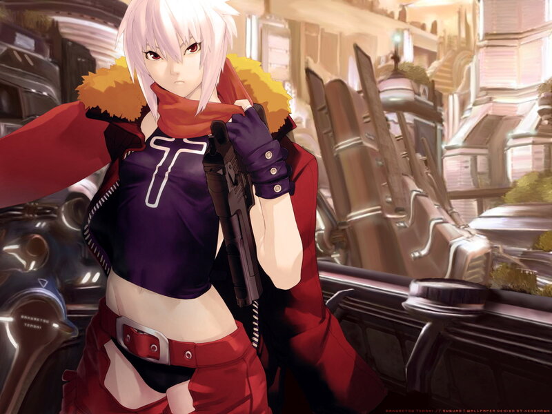 Anime Character with Gun — Red, Dramatic, Digital Art, Scarf, City