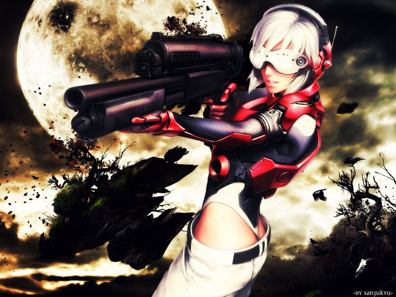 Anime Character with Gun — Red, Dramatic, Night