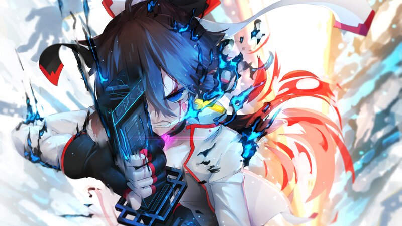 Anime Character with Gun — White, Dramatic, Digital Art