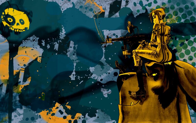Anime Character with Gun — Yellow, Dramatic, Digital Art, Skull