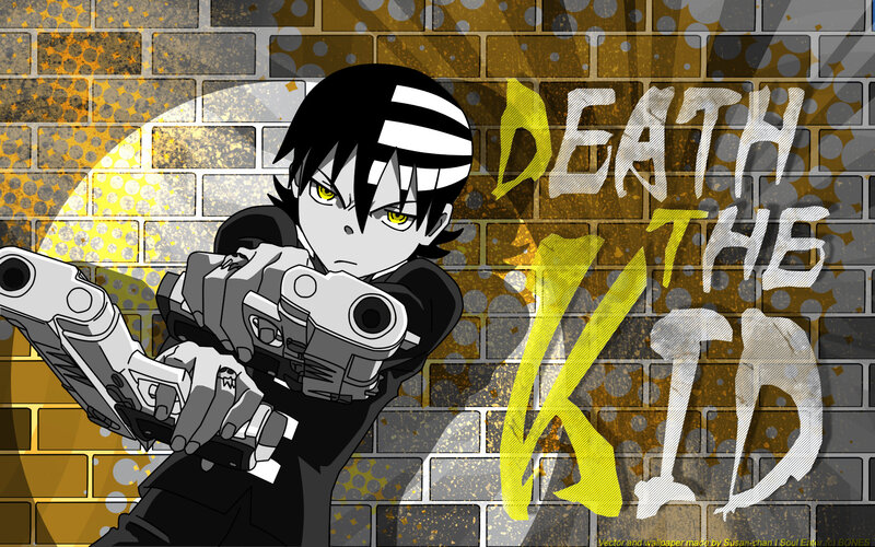 Anime Character with Guns — Black, Dramatic, Brick Wall, Text
