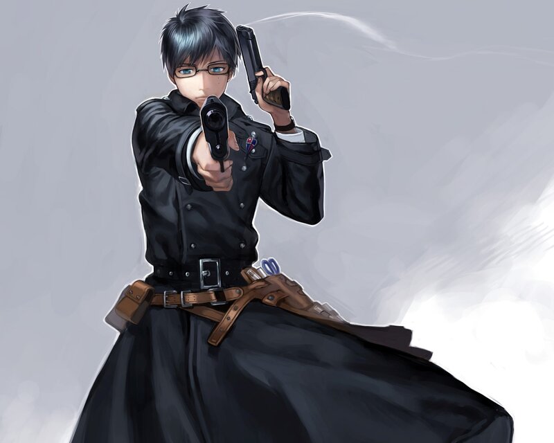 Anime Character with Guns — Black, Dramatic, Digital Art, Glasses