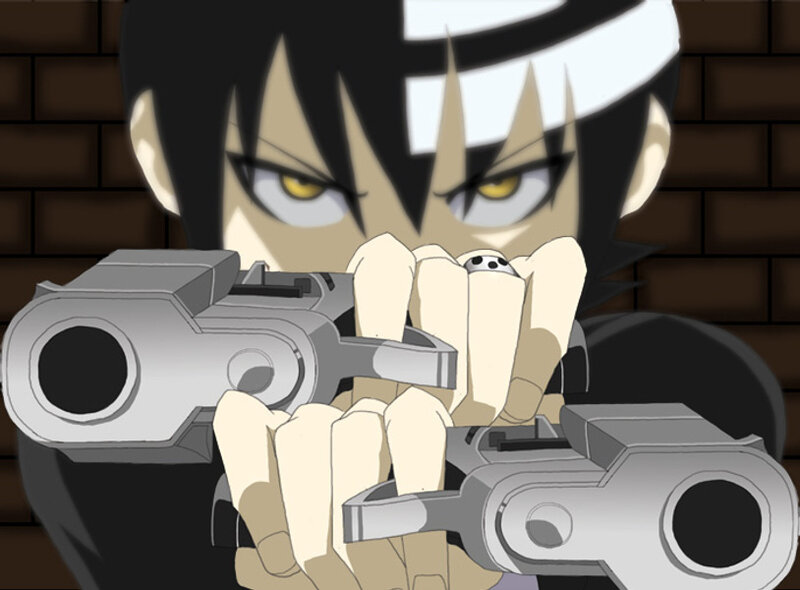 Anime Character with Guns — Black, Intense, Brick Wall