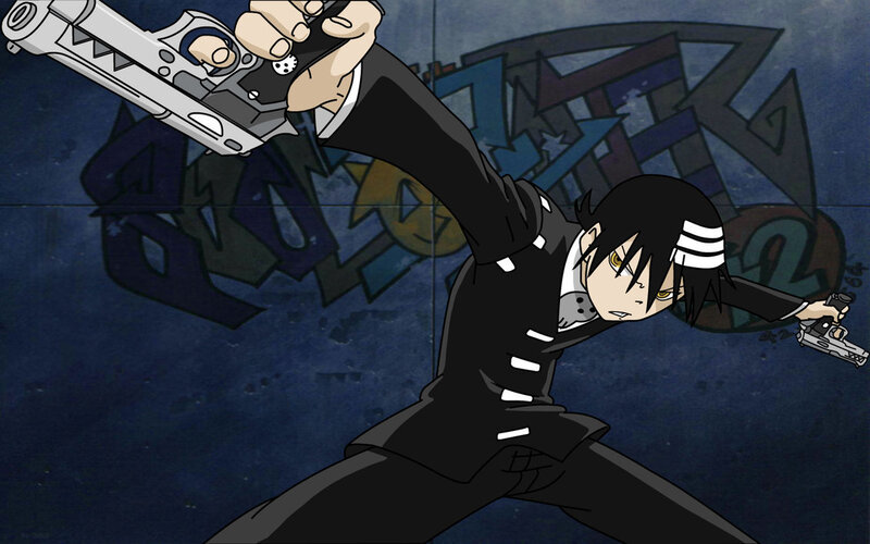 Anime Character with Guns — Black, Intense, Night