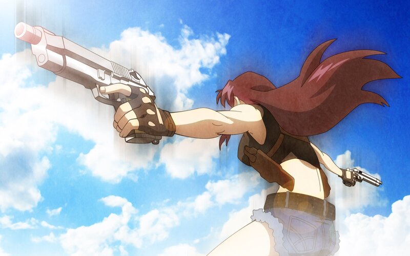 Anime Character with Guns — Blue, Dramatic, Afternoon, Clouds