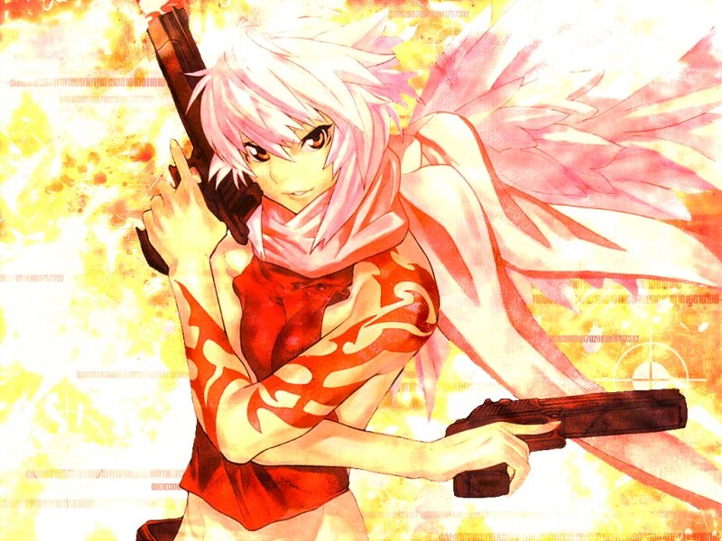 Anime Character with Guns — Red, Dramatic, Wings