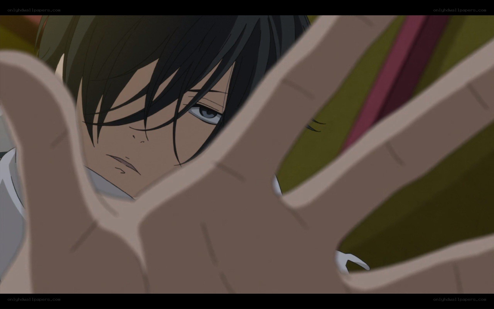 anime character with hand in foreground