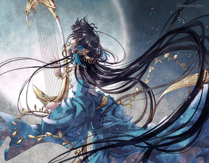 Anime Character with Harp — Blue