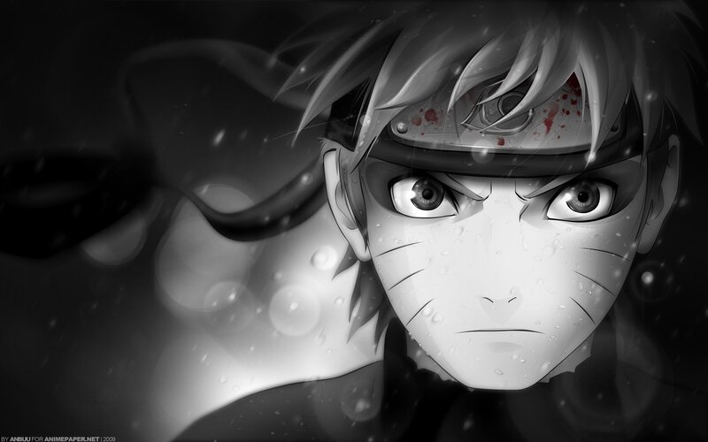 Anime Character with Headband — Black, Dramatic, Blood, Rain, White, Gray