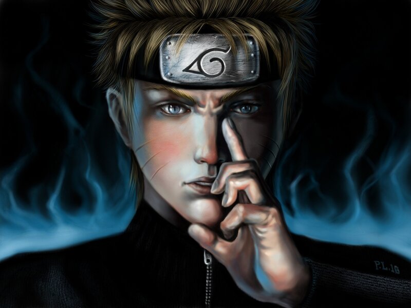 Anime Character with Headband — Black, Dramatic, Digital Art, Hand Gesture, Blue Smoke