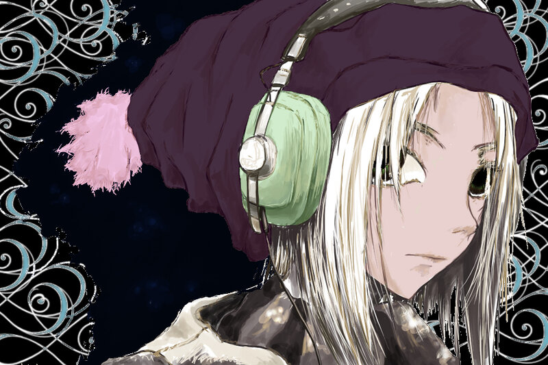 Anime Character with Headphones — Black, Calm, Night