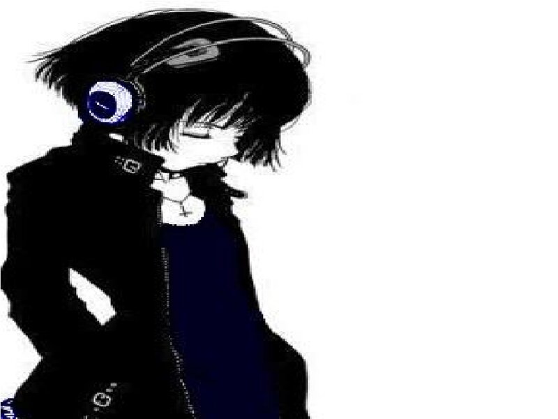 Anime Character with Headphones — Black, Contemplative