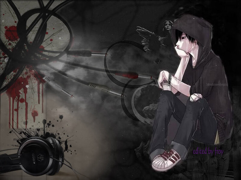 Anime Character with Headphones — Black, Dark, Digital Art