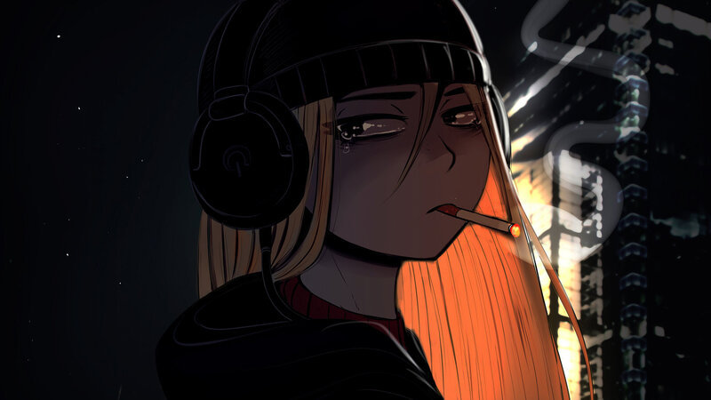 Anime Character with Headphones — Black, Dark, Night