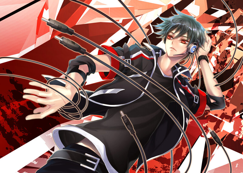 Anime Character with Headphones — Black, Dramatic, Digital Art, Cables