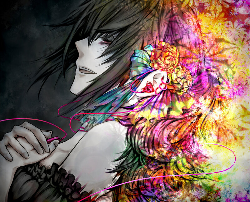 Anime Character with Headphones — Black, Dramatic, Digital Art, Flowers