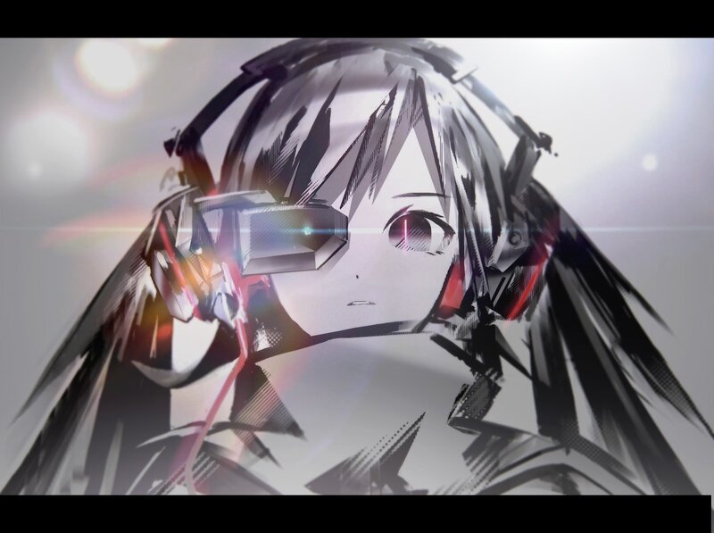 Anime Character with Headphones — Black, Dramatic, Digital Art, Glasses
