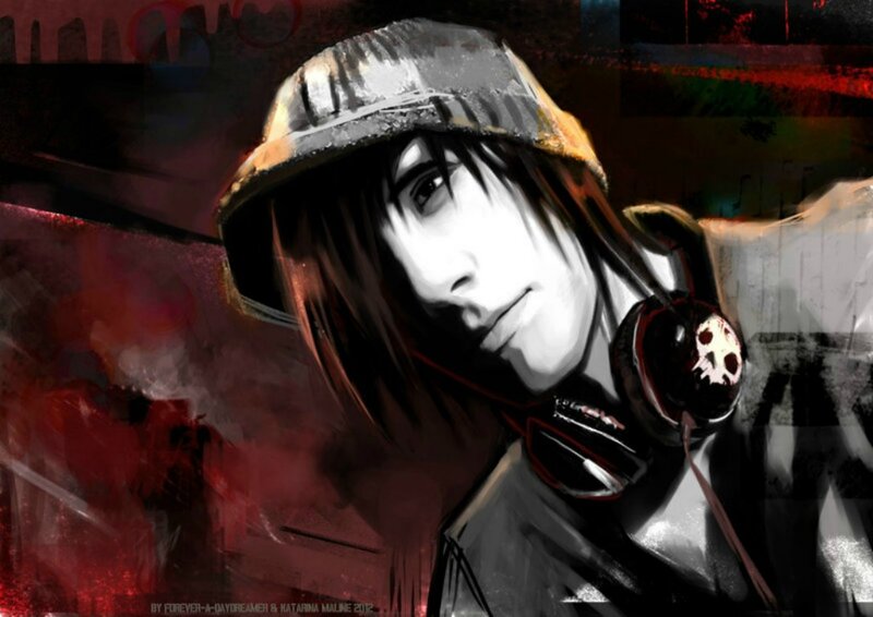 Anime Character with Headphones — Black, Dramatic, Digital Art, Hat